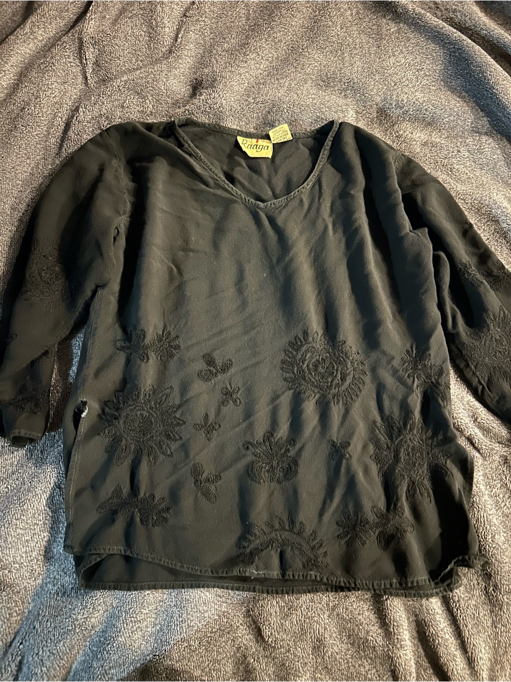 Black Embroidered V-Neck Women's Top